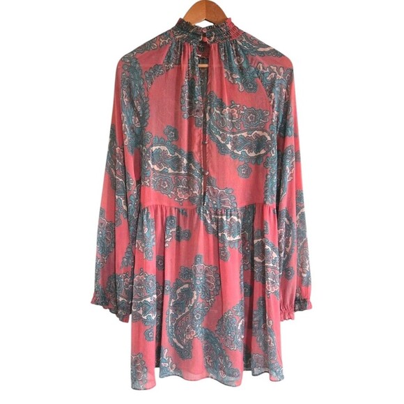 Free People Moonstruck Dress Womens Medium Red Paisley Print Long Sleeve Sheer - Picture 5 of 6
